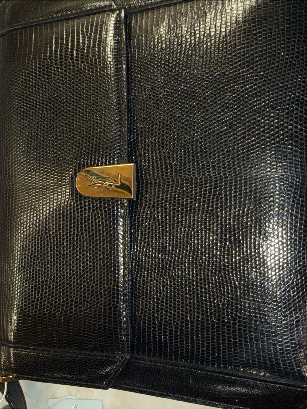 Saint Laurent Black Lizard-Embossed Leather Messenger Bag with Gold Logo Clasp